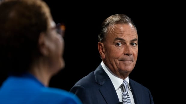 Los Angeles Mayoral candidates Congresswoman Karen Bass speaks as developer Rick Caruso listens as they participate in the second one-on-one mayoral debate at the KNX Newsradio SoundSpace Stage in Los Angeles, Thursday, Oct. 6, 2022. (Allen J. Schaben / Los Angeles Times via Getty Images)