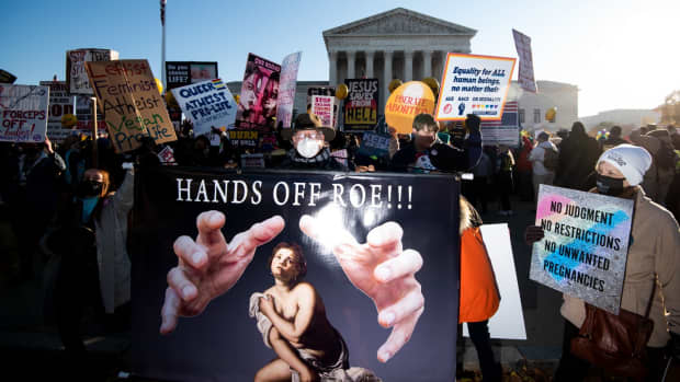 Reproductive rights and pro-life protesters rally outside the U.S. Supreme Court before the start of oral arguments in Dobbs v. Jackson Womens Health Organization case on Wednesday, December 1, 2021. (Photo by Bill Clark/CQ-Roll Call, Inc via Getty Images)