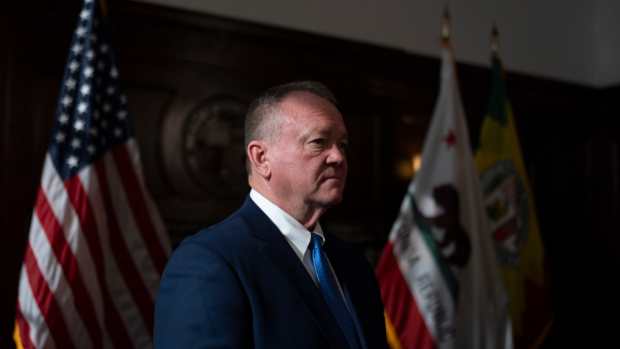 Newly appointed Los Angeles Police Chief Jim McDonnell listens during a news conference in Los Angeles, Friday, Oct. 4, 2024
