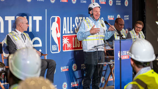 Clippers owner Steve Ballmer, center, flanked by NBA Commissioner Adam Silver, left, Inglewood Mayor James Butts and LA Mayor Karen Bass, at press conference announces that the 2026 NBA All-Star Game will be held at the team's new arena Intuit Dome on Tuesday, Jan. 16, 2024 in Inglewood, CA.