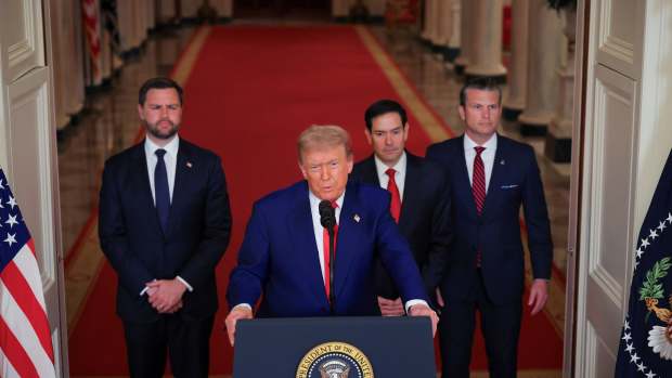 directly joining Israel's effort to decapitate the country's nuclear program, as Vice President JD Vance, Secretary of State Marco Rubio and Defense Secretary Pete Hegseth listen. (Carlos Barria/Pool via AP)