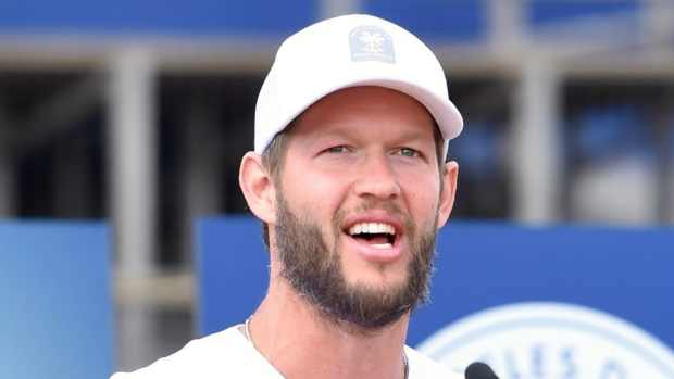 Clayton Kershaw speaking at the Dodgers Dreamfields complex at Gonzales Park on April 16.