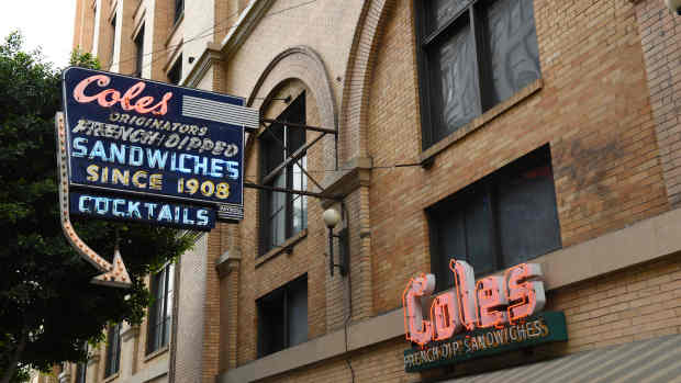 LOS ANGELES - NOVEMBER 19, 2018: Coles a landmark saloon known for French dip sandwiches and classic cocktails, plus hidden speakeasy in back. 