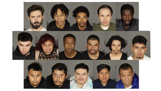 A collage of 15 mugshots showing individuals arrested by Santa Monica law enforcement for violations in evacuation zones, including burglary, curfew violations, and other criminal activities. 