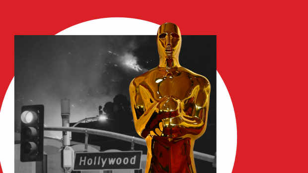 A bold composition featuring the iconic gold Oscar statue in the foreground, set against a smoky black-and-white background of a Hollywood street sign under dramatic skies, symbolizing disruption and change.