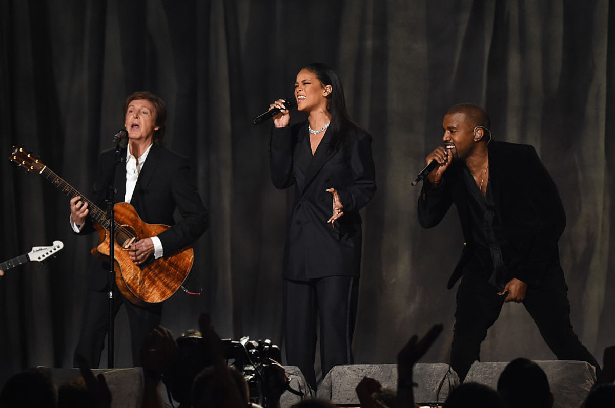 Paul McCartney, Rihanna and Kanye West perform onstage during The 57th Annual GRAMMY Awards at STAPLES Center on February 8, 2015 in Los Angeles. (Larry Busacca/Getty Images for NARAS)
