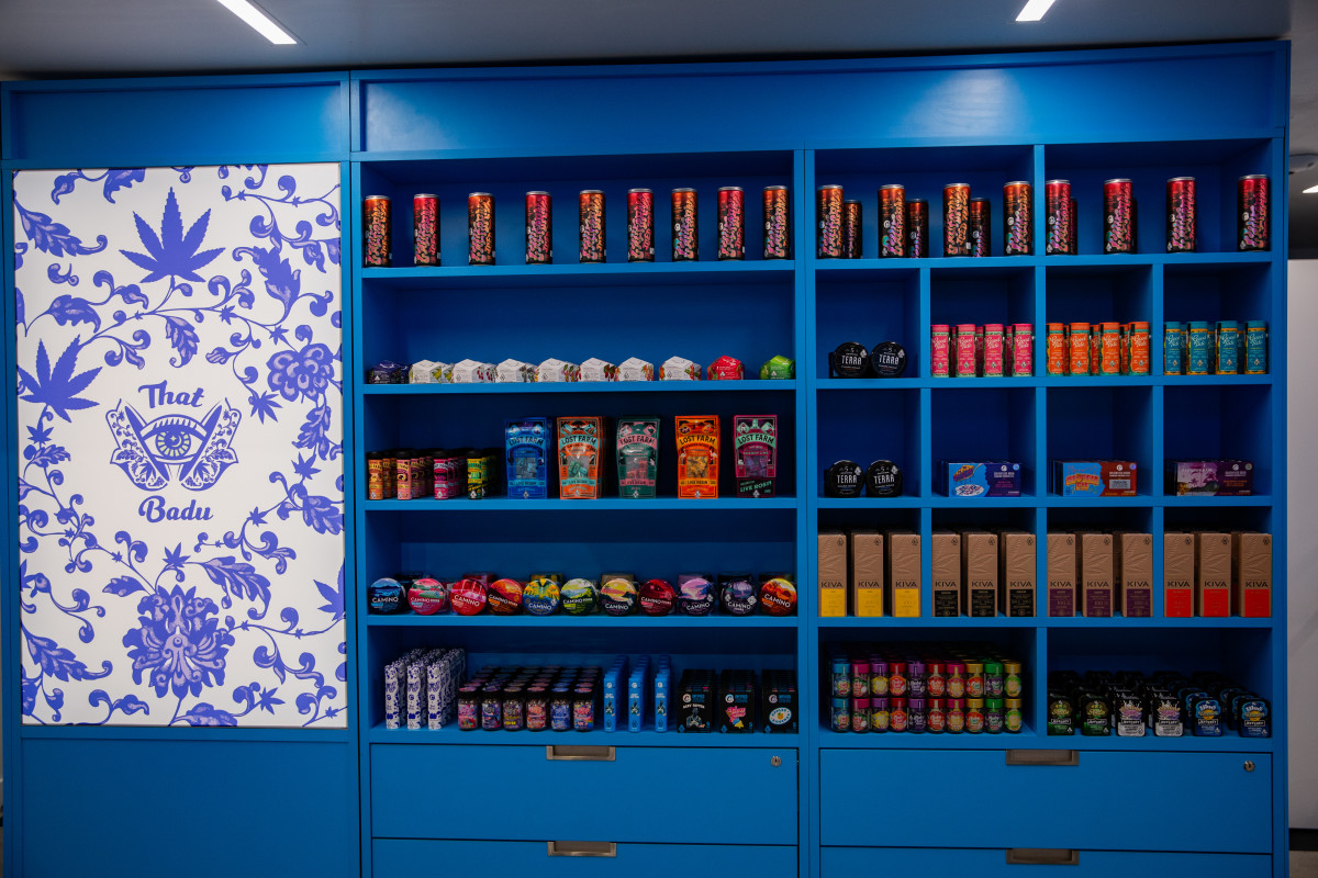 A wall of cannabis items at Cookies DTLA.